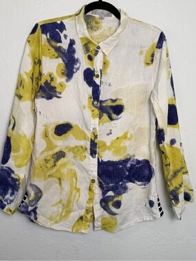 Earl Rutenberg Linen Button Front Blouse Size 6 Green Blue Watercolor Floral